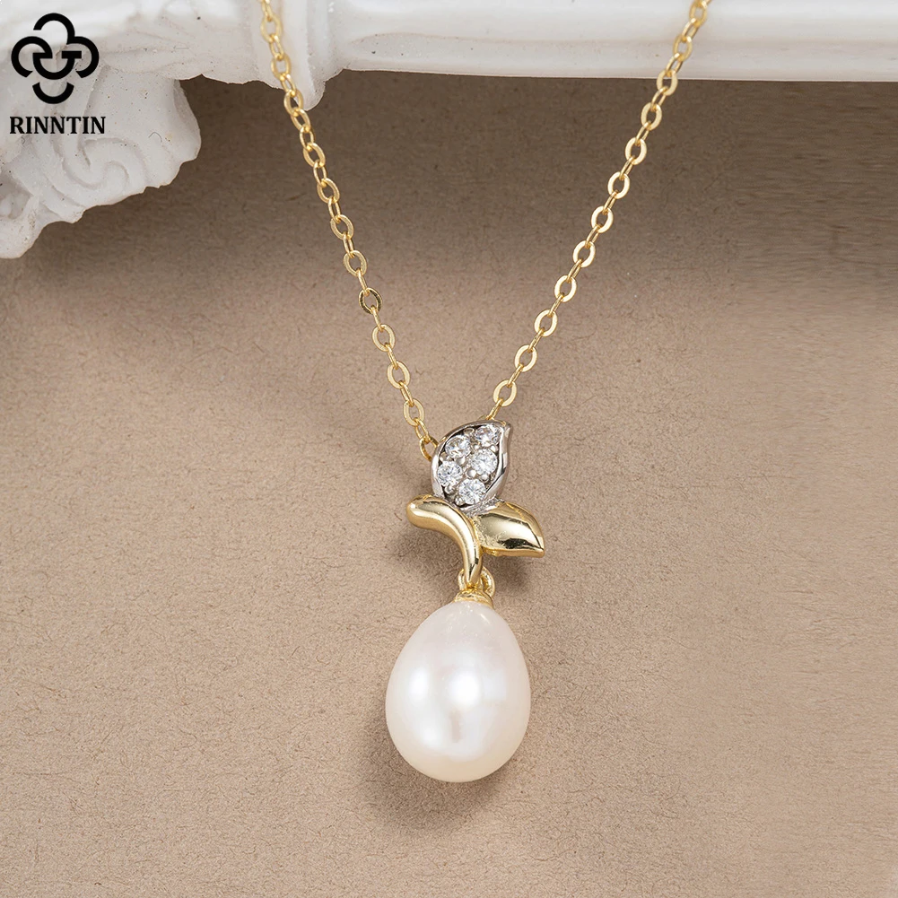 RINNTIN SGPN43 2023 Elegant Freshwater Pearl 925 Sterling Silver Pendants Necklace 14k Gold Plated for Women