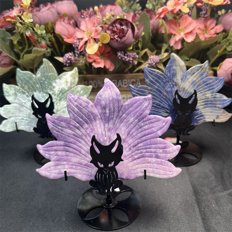 Hand Carved Crystal Nine tails fox Amazonite Nine fox Carving Lepidolite Animals for Gifts