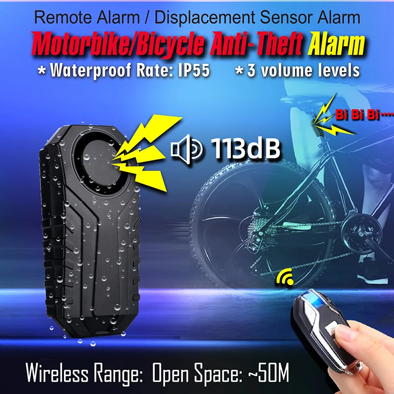 
Super Loud 113DB Wireless Bicycle Motorcycle Alarm Waterproof IP55 Anti-theft Bike Alarm with Remote for Bike Motor Security 