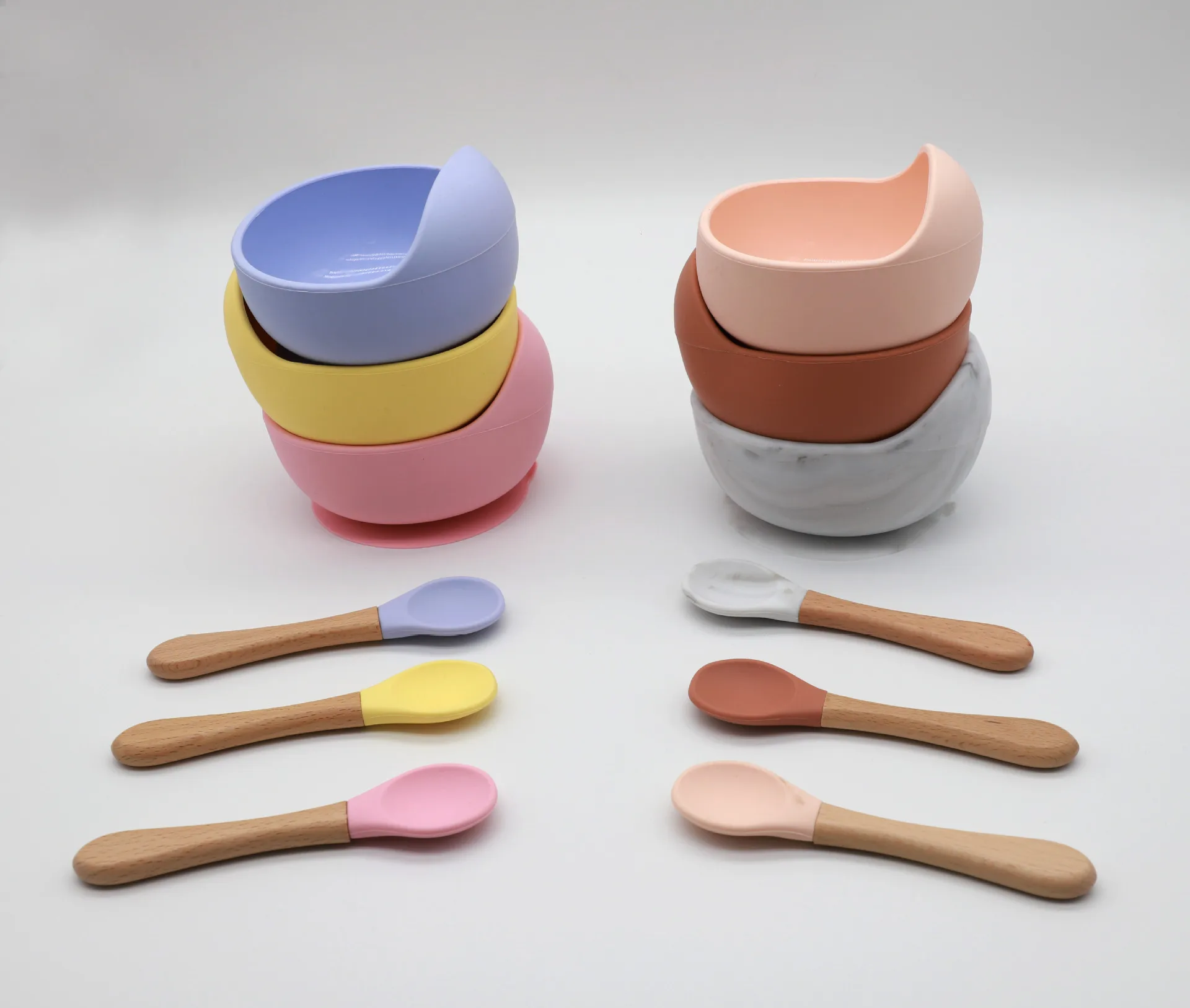 

Baby Bowl Spoon Tableware Children's Wooden Handle Silicone Spoon Bowl Baby Silicone Bowl, Picture