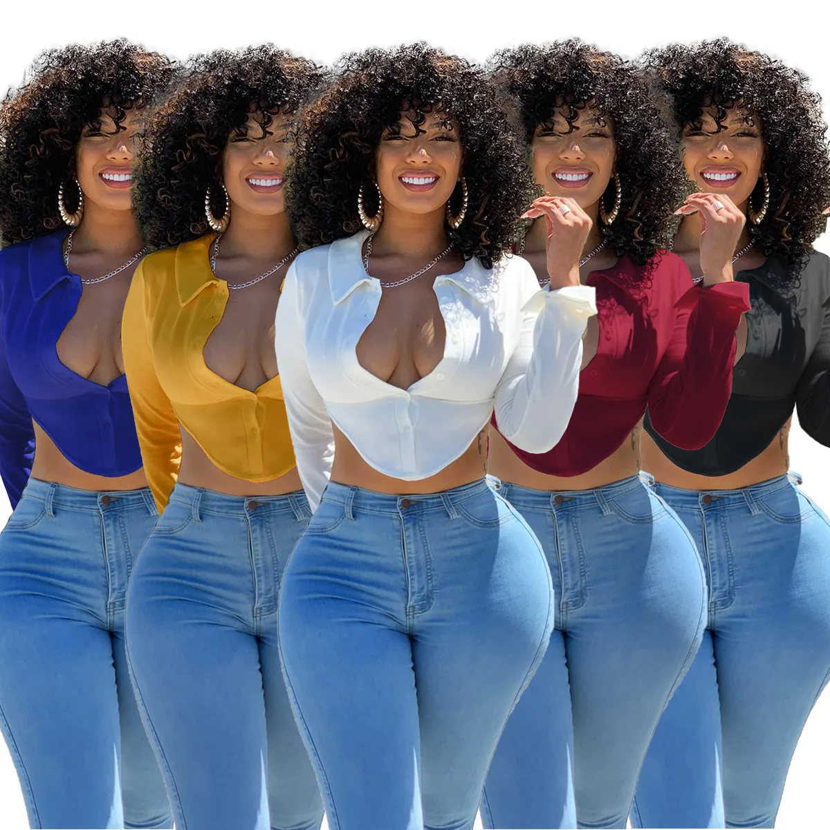

2021 Wholesale sexy Crop Tops Bandage long sleeve Ladies Blouses for woman, 5 colors