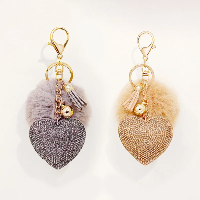 

Wholesale Cute Woman Bag Ornamentation Rabbit PomPom Puff Ball Rhinestone Heart Shape Leather Keychain With Tassels