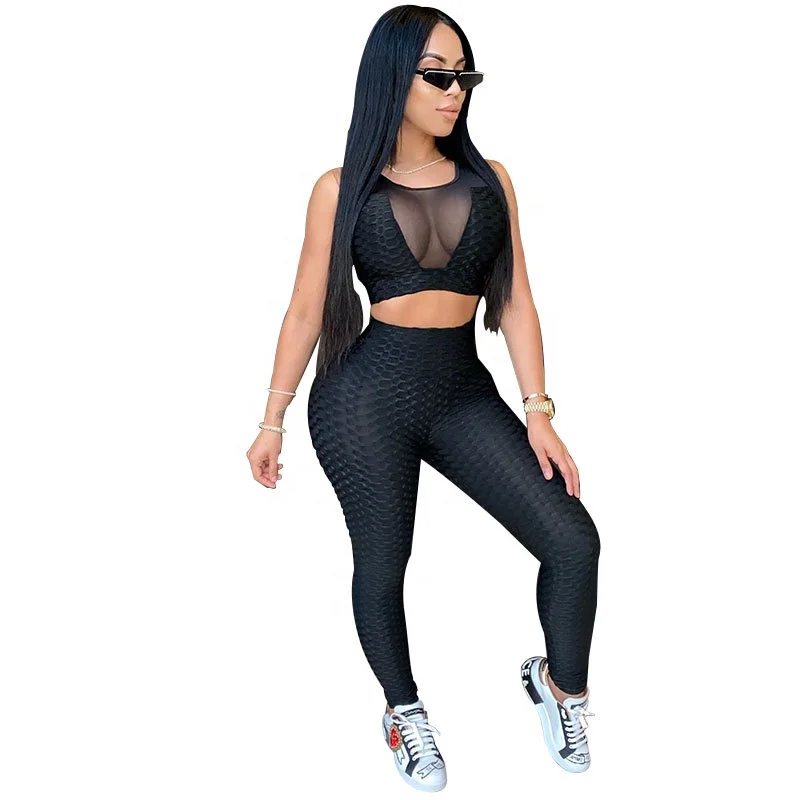 

2021 Trendy workout outfit for women Plus Size Sexy Ruched Mesh Cropped Tank Top Tracksuit Yoga Two Piece Jogger Sets for Women