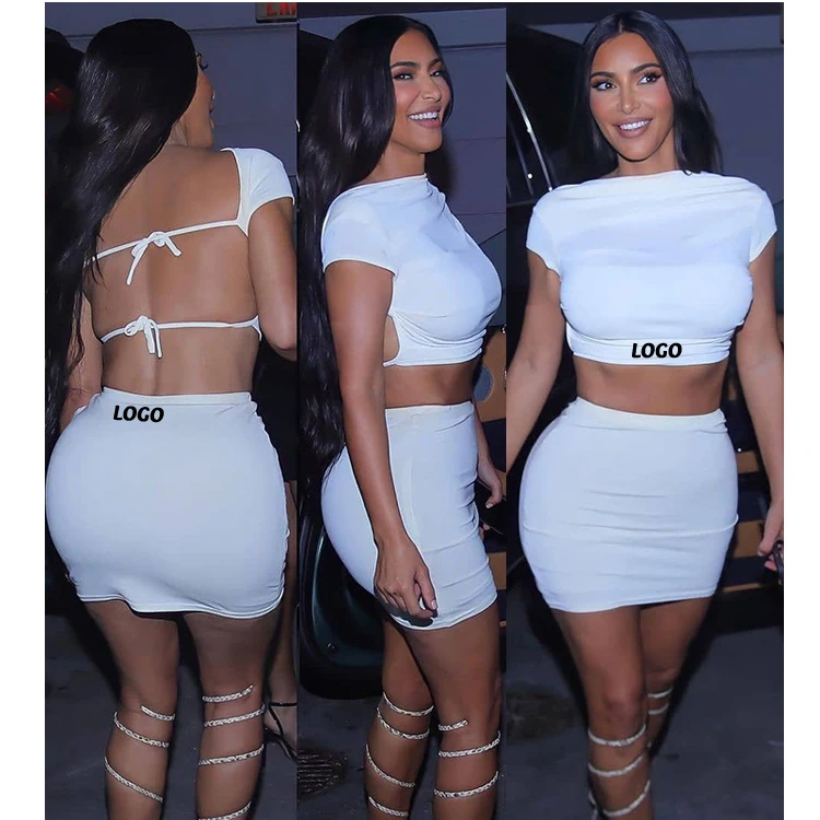 

Free Shipping Solid Color Short sleeve Cut Out Summer Backless Dresses Women Clothing Two Piece Set