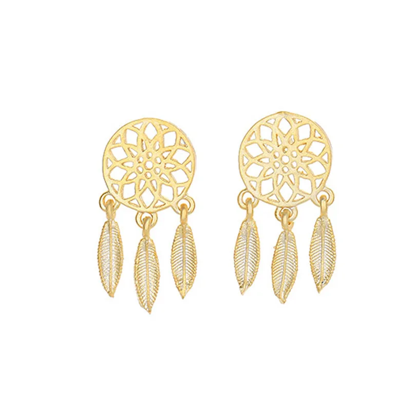 

Korean Style 925 Sterling Silver Hollow Dreamcatcher Earrings Feather Drop Earrings 18K gold Plated jewelry