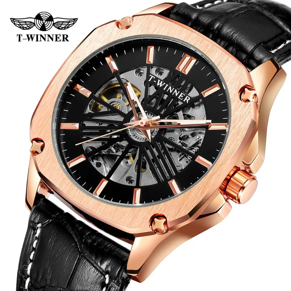 

T-winner Original Brand New Arrival Genuine Leather 40mm Hollow Automatic Watches Mens Luxury Small Mechanical Skeleton Watch