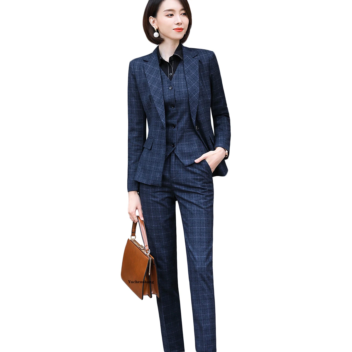 

Blue Plaid Blazer Vest and Trousers 3 Piece Set Uniform Designs  For Office Lady Business Career Work Wear Women Pant Suit