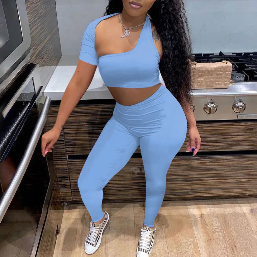 

FS3209D One Shoulder Women Two Piece Sets crop tops and Leggings pants solid colors Workout Clothing