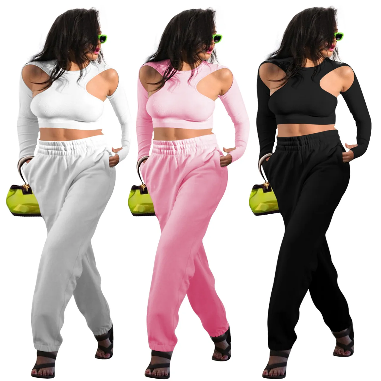 

Sporty Hollowed out casual women fall tracksuit set outfits sweatsuit set long sleeve crop top 2 piece pants set