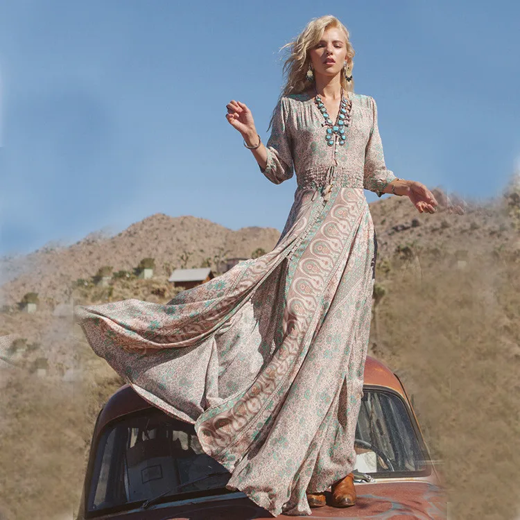 

New Style V Neck Split Thigh Floral Boho Dress Women Summer Maxi