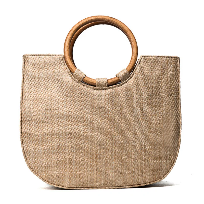 

OEM designer weaving fashion Round wooden handle beach Crossbody handbag straw bags for ledies, Customizable