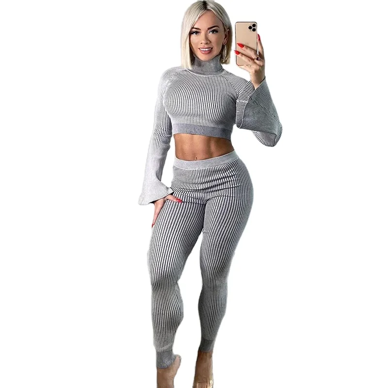 

2021 INS Women two piece women set long sleeve high neck two piece pants set for women two piece outfits for ladies, Solid