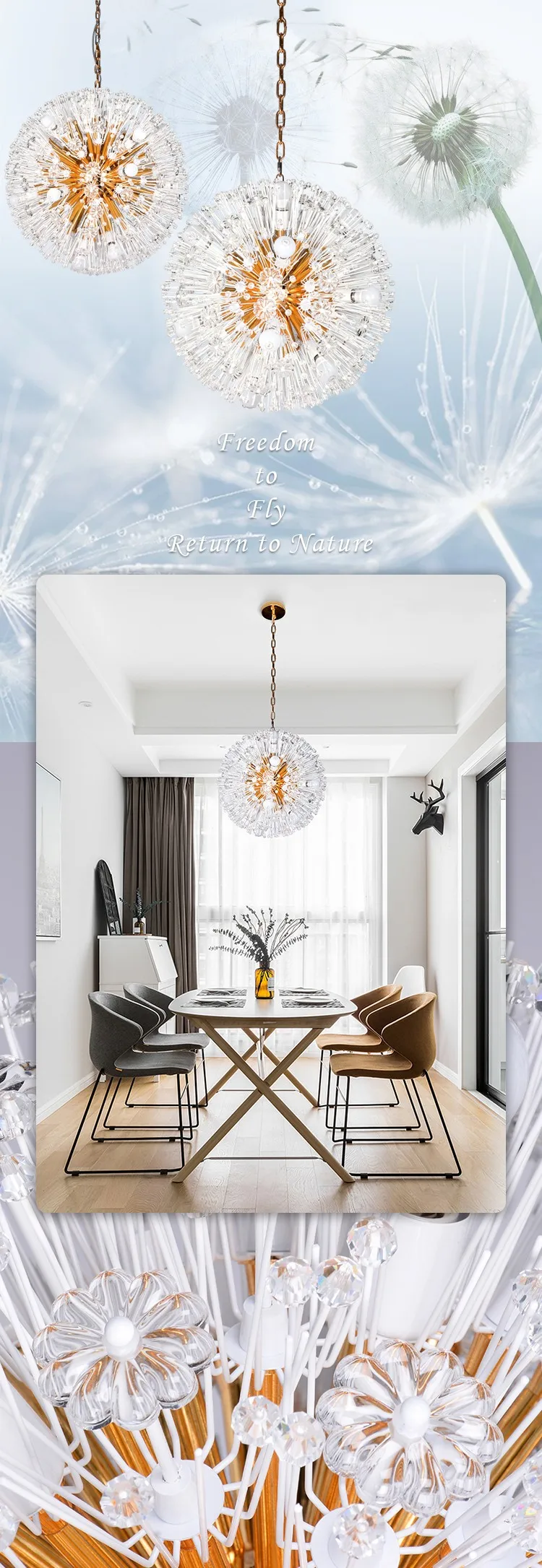 Modern Indoor Design Dandelion Crystal Lighting For Restaurant Decor Chain Glass Chandelier Pendant Light