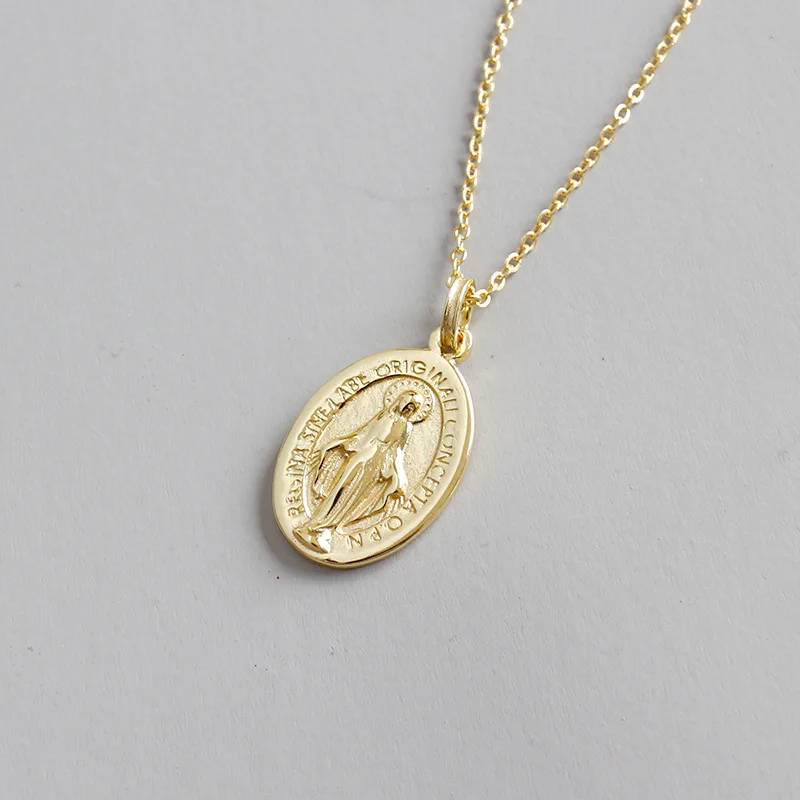 Hawaiian Gold Jewelry 925 Sterling Silver Virgin Mary Necklace Portrait Necklace