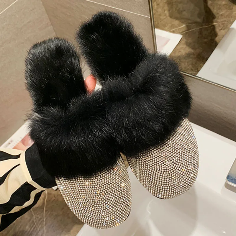 

PDEP Big Size Women Slippers Ladies Round Toe Designer Shoes Luxury Rhinestone Fur Crystal Slippers Diamond Mules Flats Shoes PU, Green,black,khaki