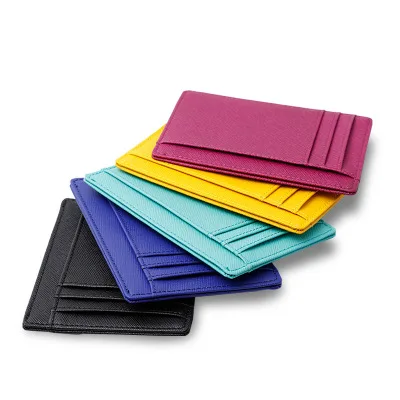 

Colors Combined Compact RFID Full Grain Slim Leather Card Holder, Green, red, gray, brown, black, pink