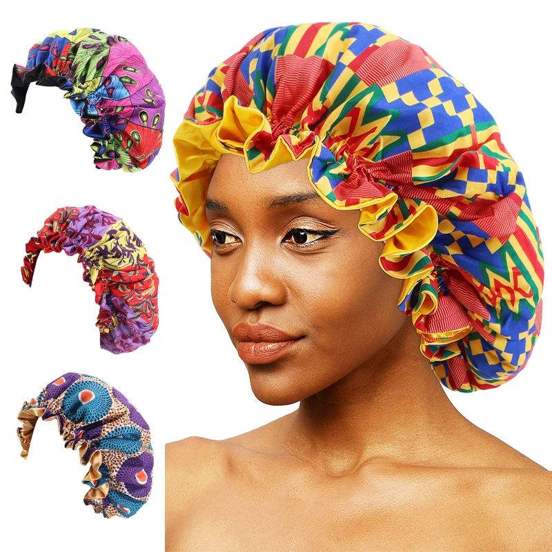 

Amazon Large Size Double Layer Long Hair Sleep Cap Hair Bonnet African Pattern Satin Ankara Bonnet TJM-443