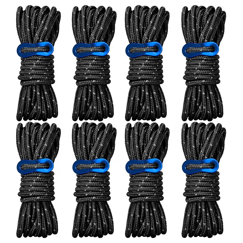 

Reflective Black Outdoor Guy Lines Tent Cords 8 Pack Camping Rope With Aluminum Guylines Adjuster Tensioner Pouch For Tent Tarp
