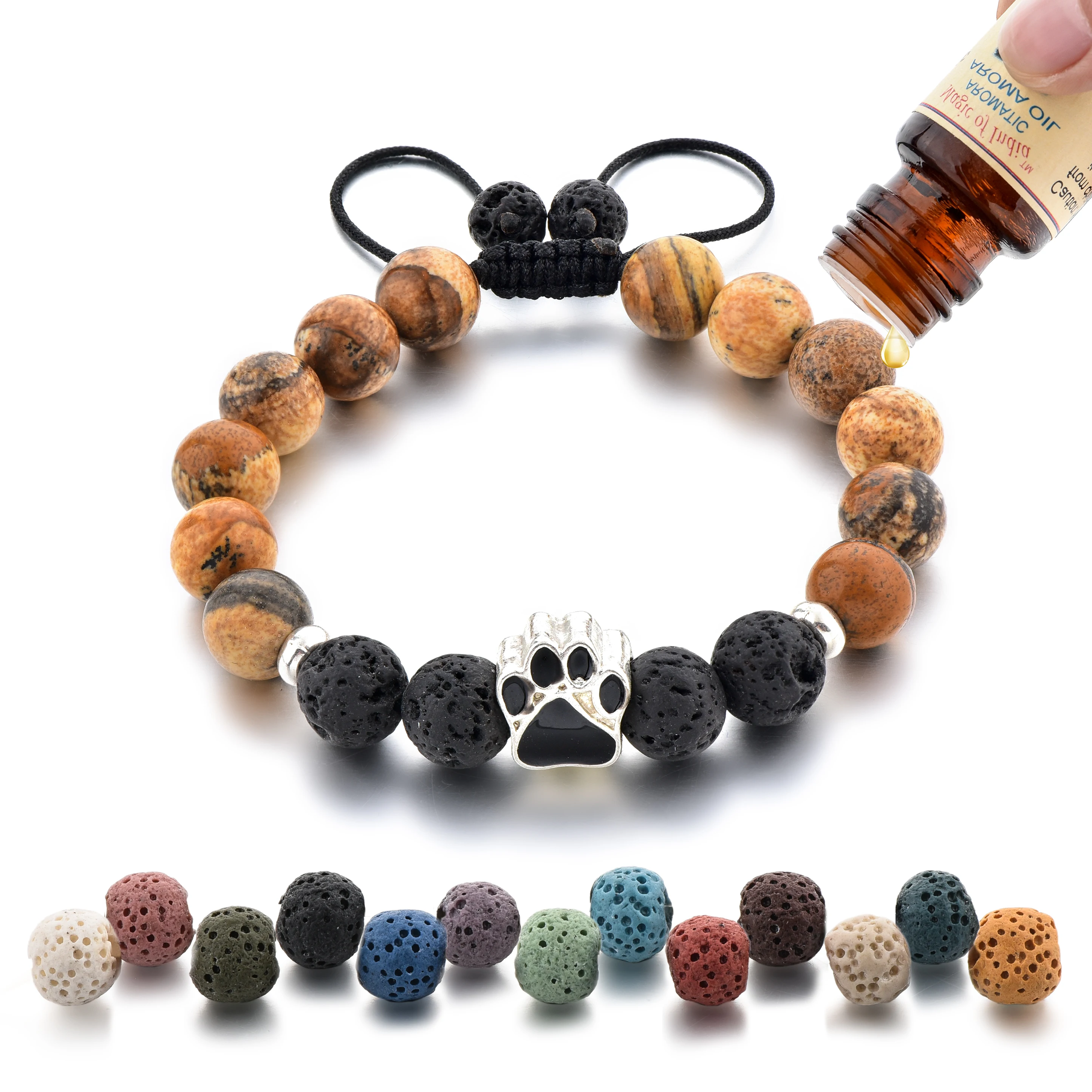 

New Arrival 8mm Picture Jasper Natural Stone Paw Charm Adjustment Essential Oil Bracelet, As picture