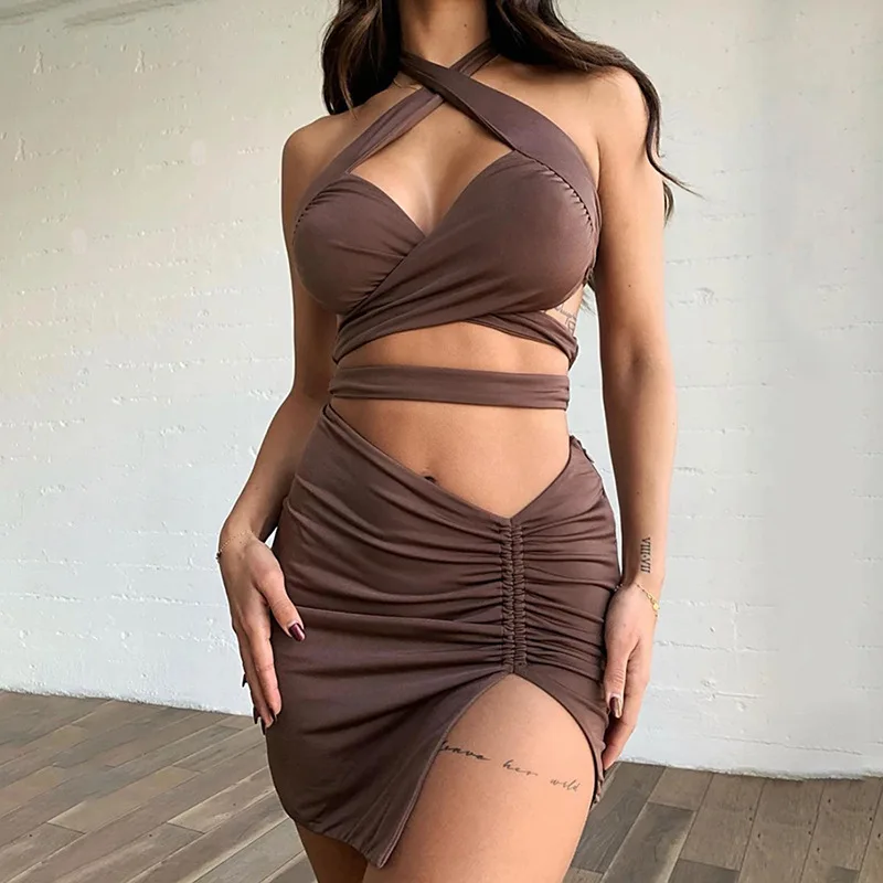 

Wholesale fashion halter slit draped backless hollow out brown summer sexy club mini dresses ladies women 2021, Photos show