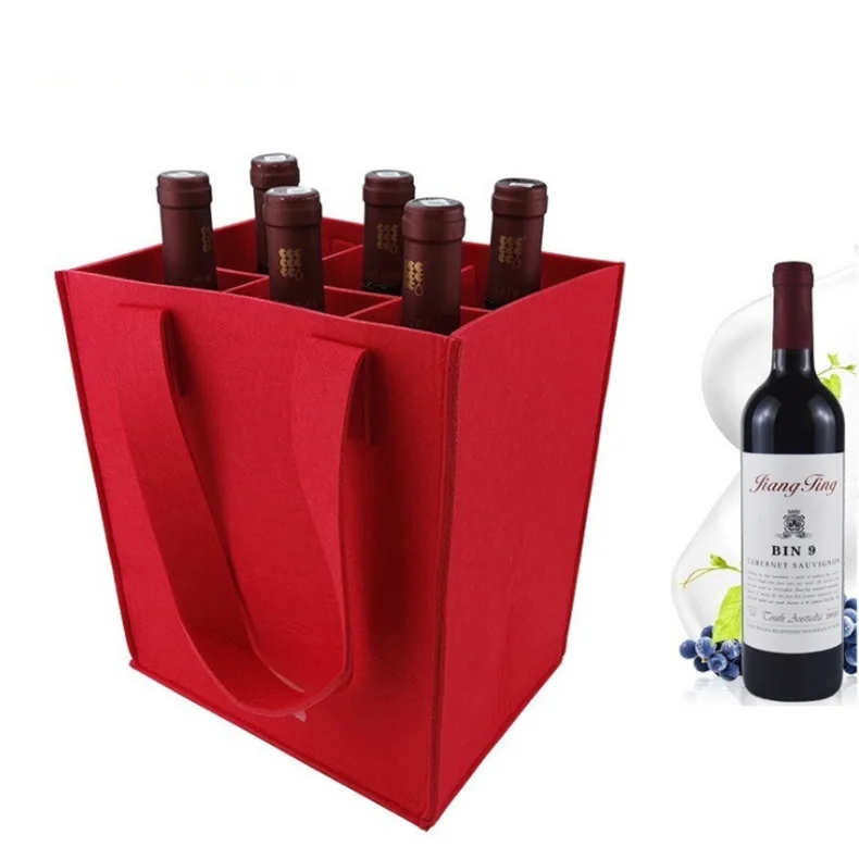 

hollow out reusable felt 6 bottle wine tote bag felt wine bag, Yellow-brown