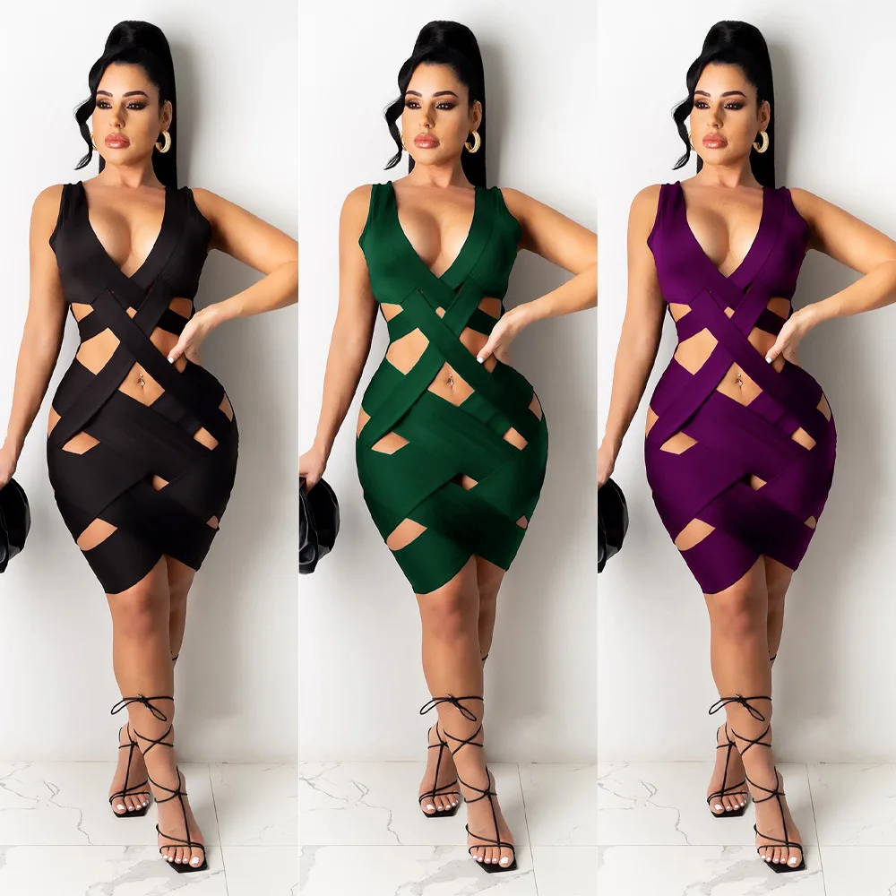 

Dvacaman Trendy 2021 Summer 3 Color Sexy V-neck Irregularity Hollow Out Women One Piece Sleeveless Short Bodycon Party Dress, Black green purple