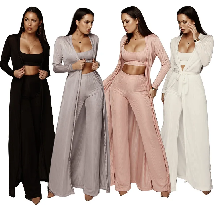 

Factory wholesale women knit three piece suit bra top wide leg pants long cardigan african clothing 3 piece set