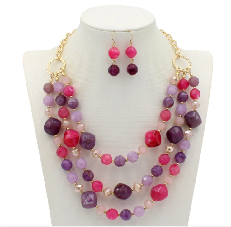 

Acrylic Beads Handmade Bohemia Style Necklace Earrings Set, 5 colors