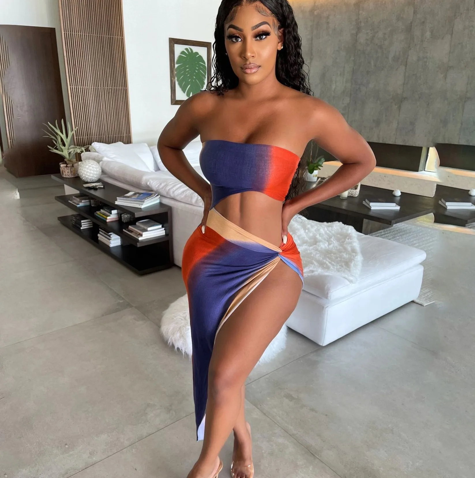 

2021 Summer Contrast Color Strapless Irregular Sexy Beach Clothing Ladies Wears Tops And Skirts Sets For Women Two Piece Sets, Orange