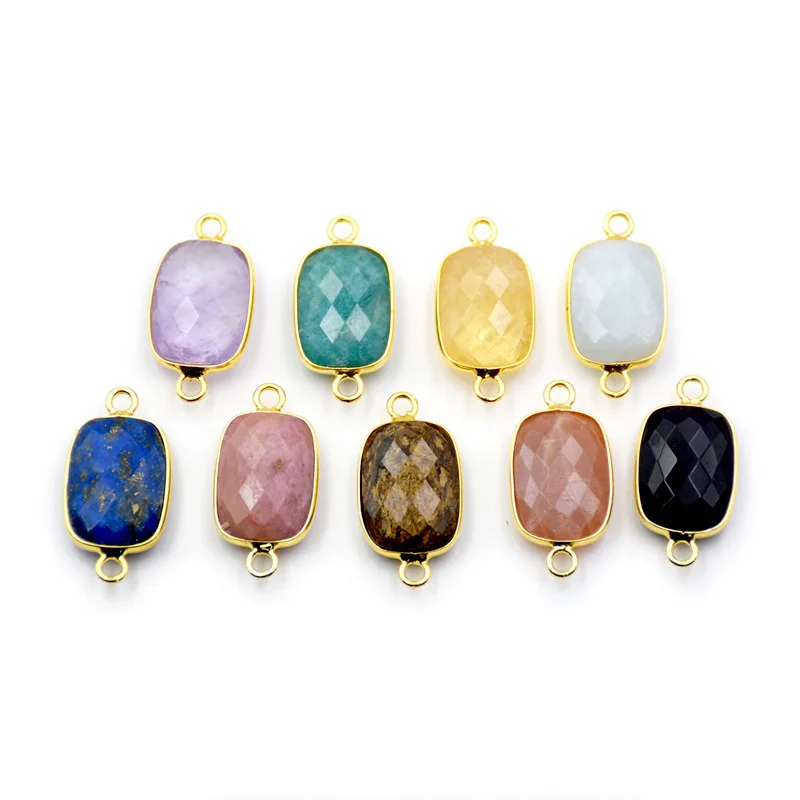 

Wholesale natural rectangle shape double faceted stone 14k gold plated gemstone pendant charms for bracelet making jewelry, Multi