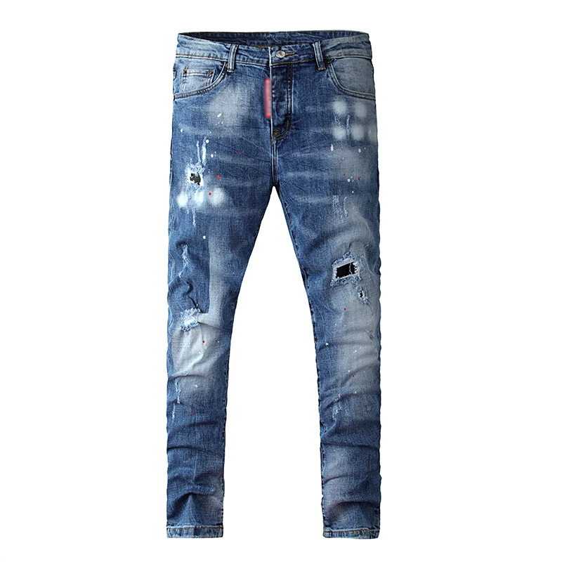 

Purple Wind product new mass hole micro-elastic wave point jeans, Dark blue