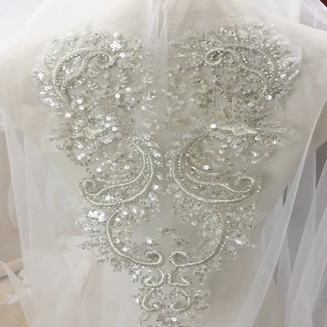 

Beautiful fashion crystal embroidered wedding dress appliques bodice front lace for wedding