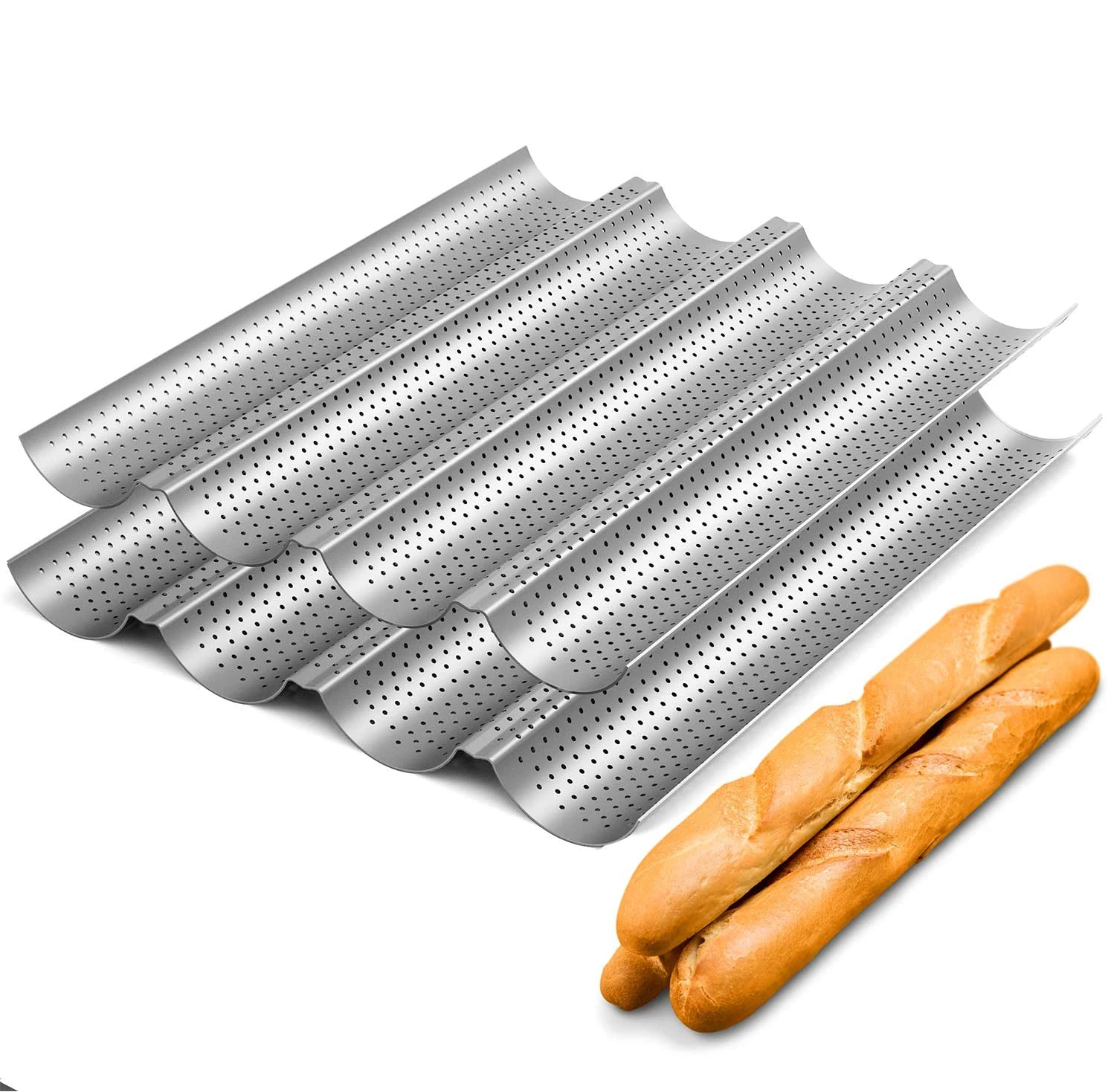 

Nonstick Perforated Baguette Pan 15" x 13" for French Bread Baking 4 Wave Loaves Loaf Bake Mold Oven Toaster Pan, Black/silver