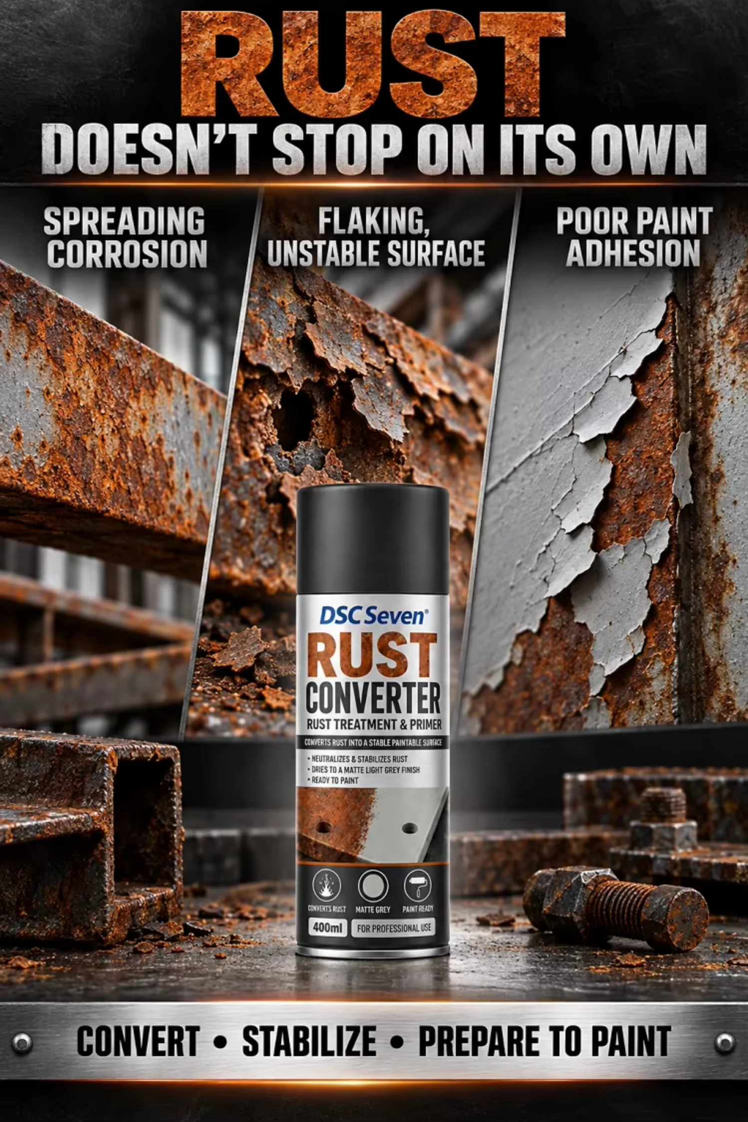 400ml Acrylic Aerosol Rust Converter Spray Paint for Rust Treatment and Steel Metal Restoration