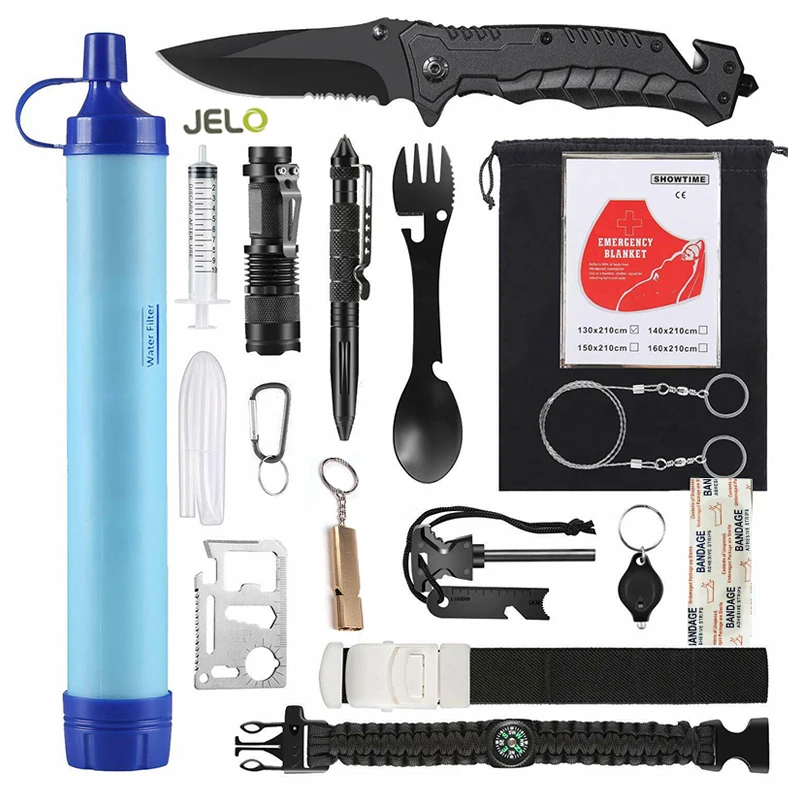 

23 in 1 survival kit emergency wilderness SOS tactical kit outdoor water purifier camping equipment adventure travel equipment, Black