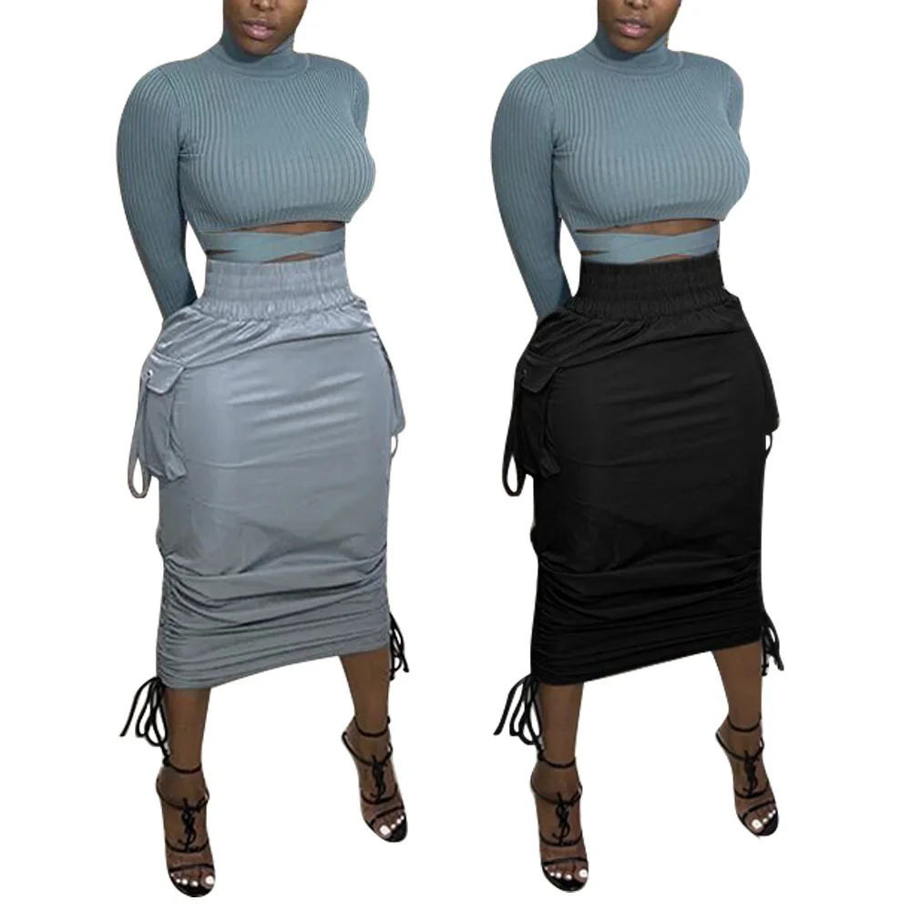

Ladies new drawstring long skirt irregular pleating women's fashion casual high waist long skirt