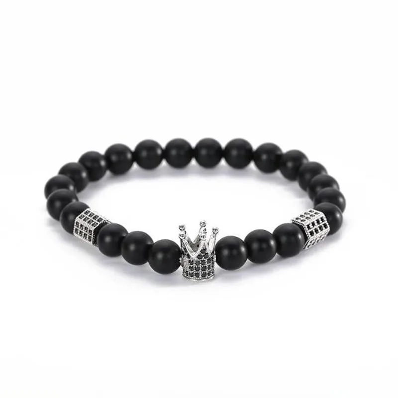 

CZ diamond imperial crown charm natural stone gold bead gemstone onyx bead bracelet men, Black