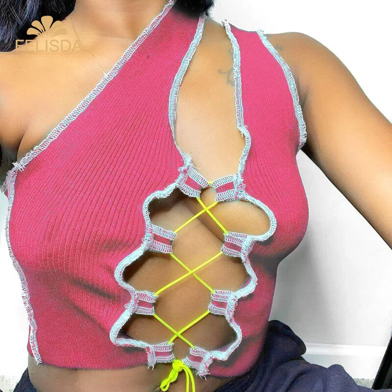 

Hot Amazon New 2020 Blue Red Black Tank Top Corto Bandage Strap Sexy Hollow Out One Shoulder Crop Top Women Shirt