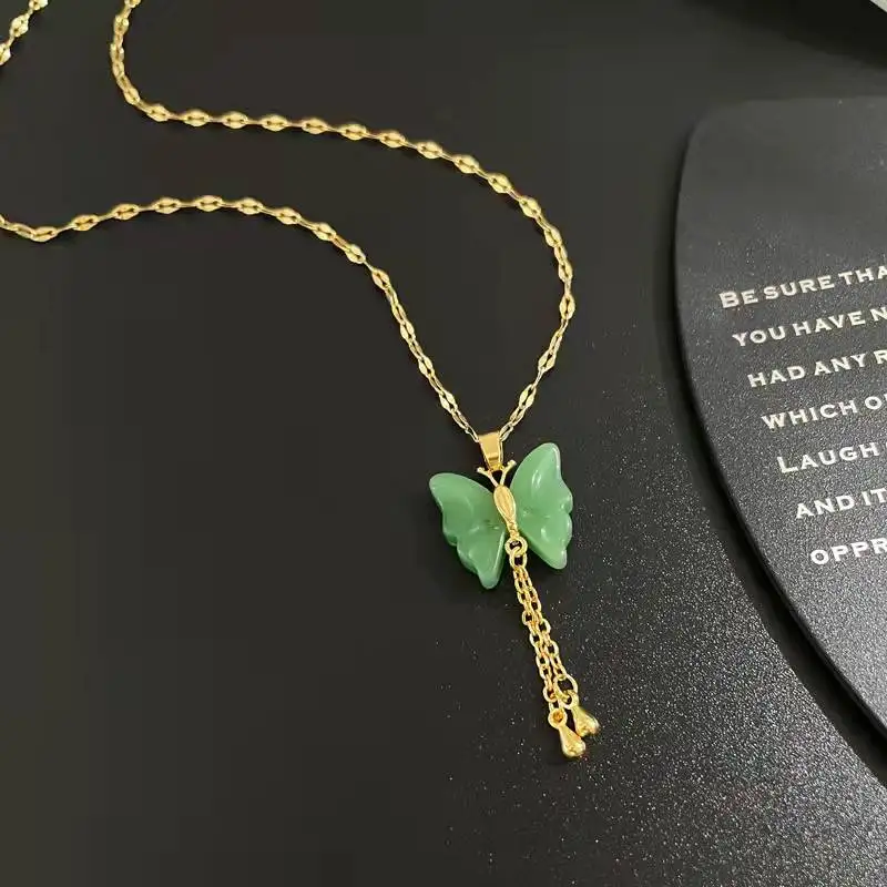 

JM wholesale 18k gold plated jade jewelry stainless steel jade butterfly necklace