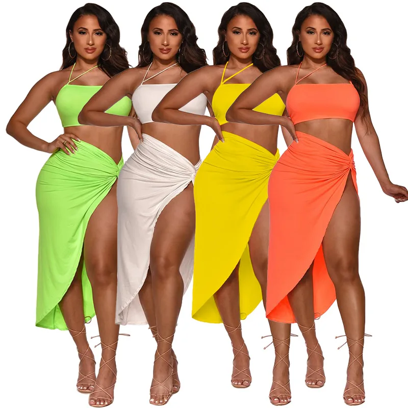 

Women's Outfits Bandage Sexy Crop Top And Pleated Split Skirts Summer Irregular Two Piece Skirt Set