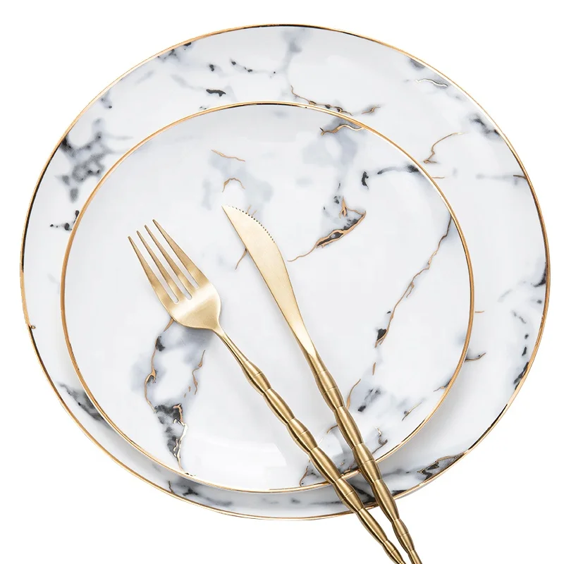 

Nordic Unique gold rimmed porcelain plate marble dinnerware set round Western Ceramic cheap plates