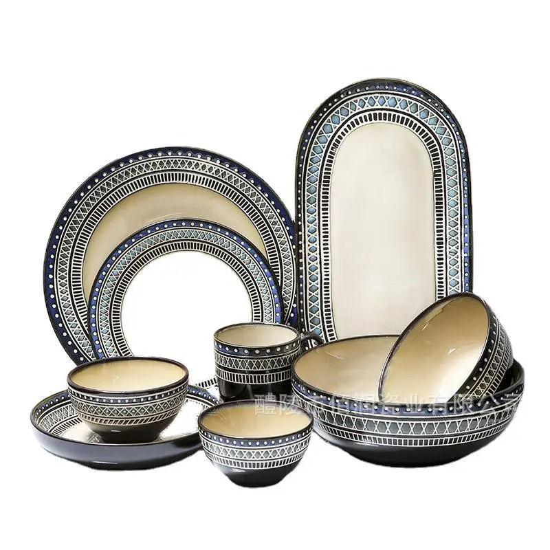 

European and American Ceramic Tableware Set Relief Steak Plate Salad Bowl Rice Bowl Western Restaurant Fish Dish Cup