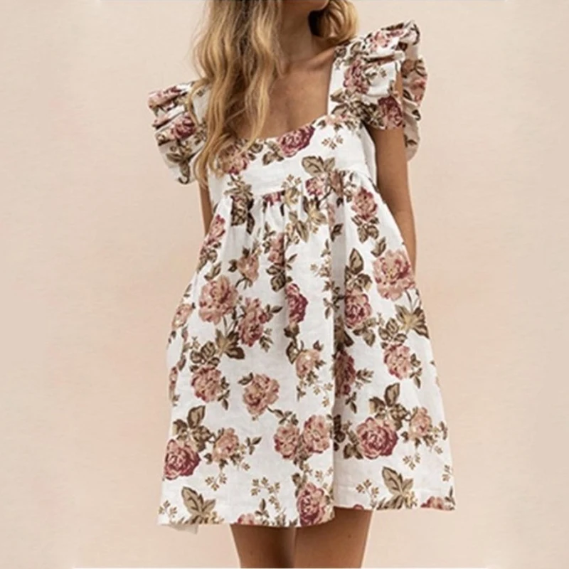 

High Quality Sweet Summer Dress Women Square Collar Floral Printed Dress Girls Mini Butterfly Sleeve Club Beach Clothing, 9 colors