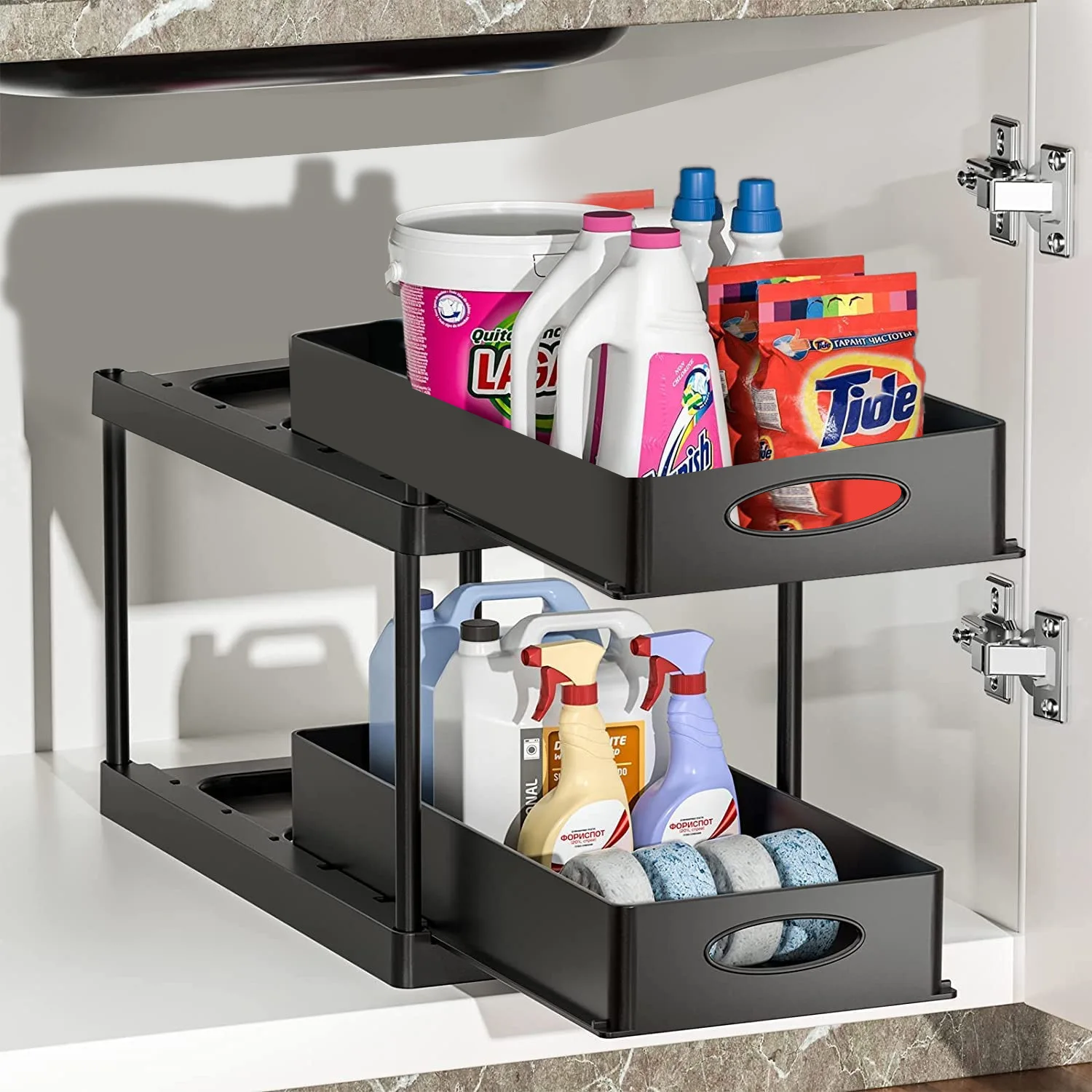 

Kitchen Under Sink Storage Rack 2 Tier Sliding Cabinet Basket Countertop Pull Out Organizer Holder Drawer Spice Shelf, As picture or customized