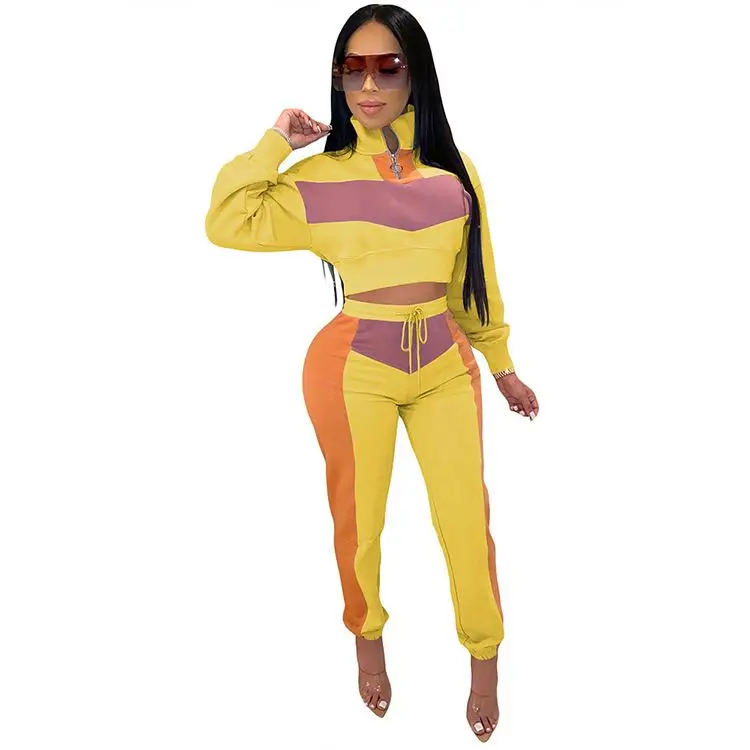 

Spring Women Clothing Splicing Solid Contrast Color Tight Two Piece Pants Long Sleeve 2 Piece Set, Yellow, black, blue, army green