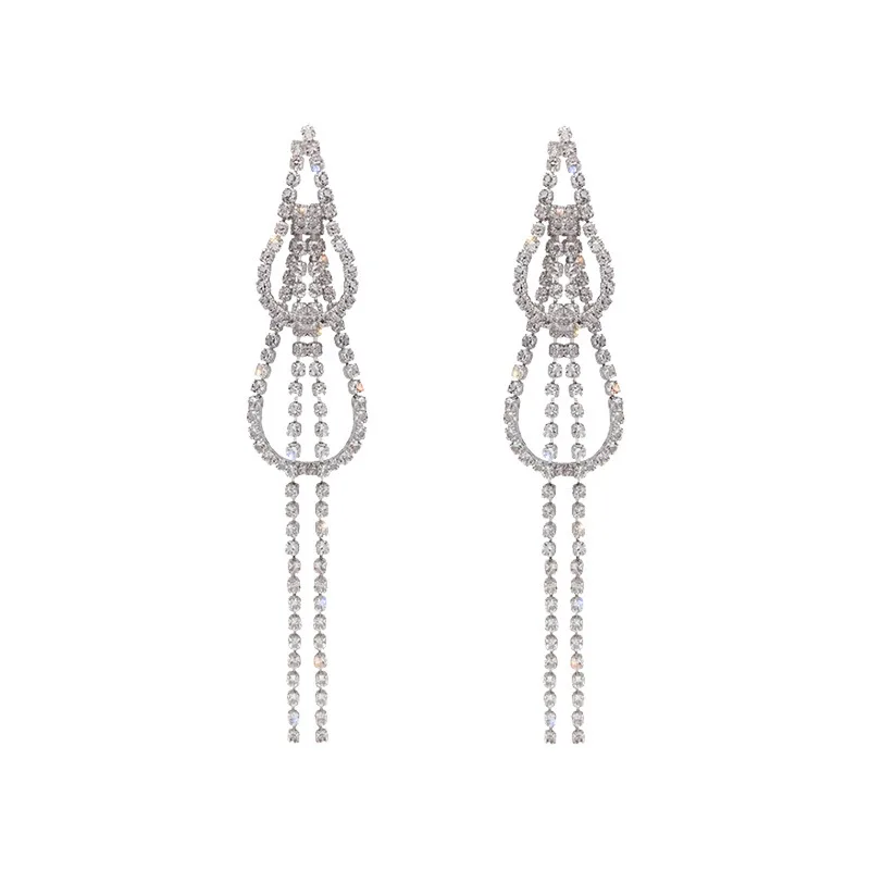 

Trendy Exaggerated Full Diamond Long Tassel Earrings Women Fashion Jewelry Tassel Sterling Silver Hoop Earring Pendant