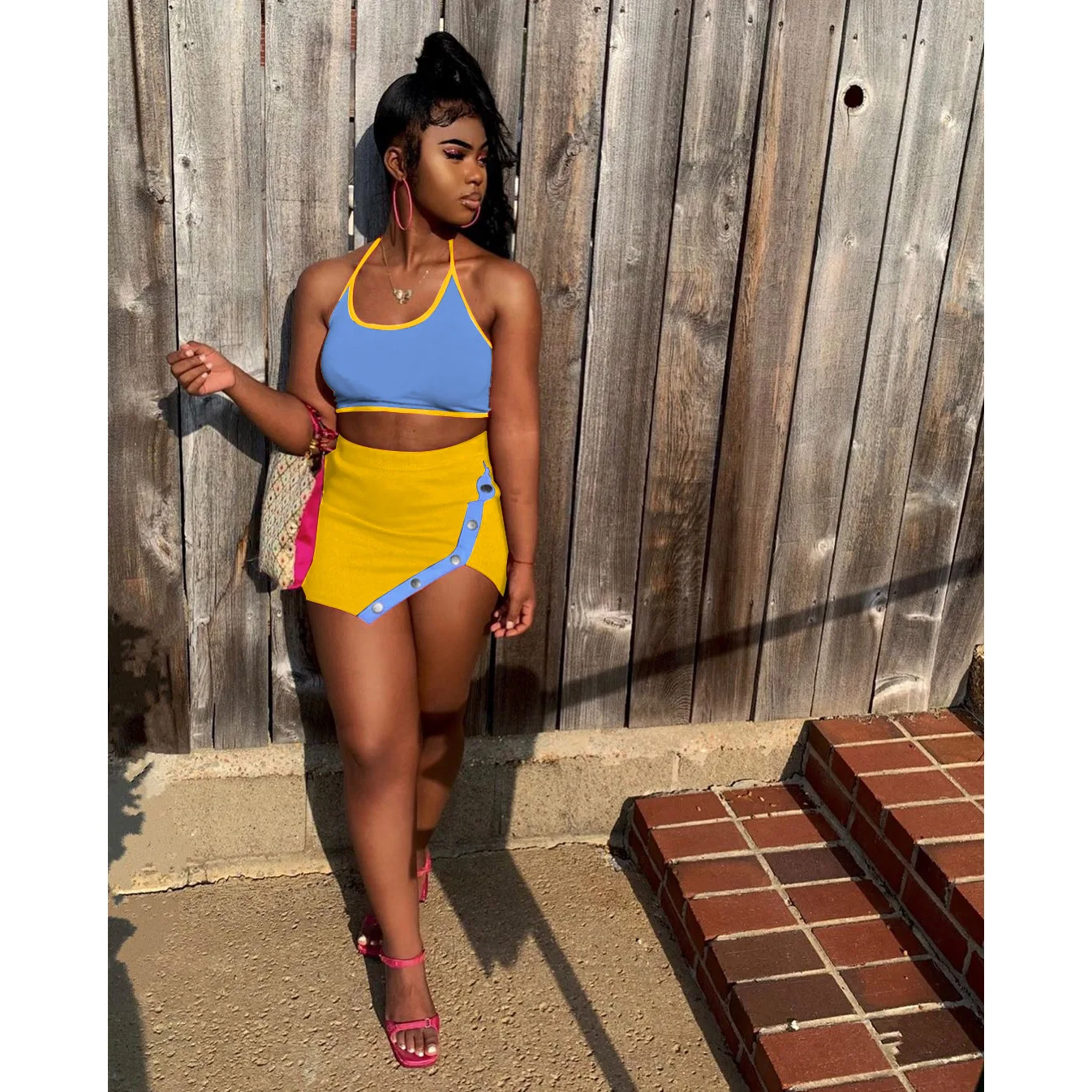 

2021 Summer Fashionable Contrast Color Sexy Irregular Halter vest Top And Skirt 2 Piece Set Streetwear For Women, White,pink,light blue,red,black