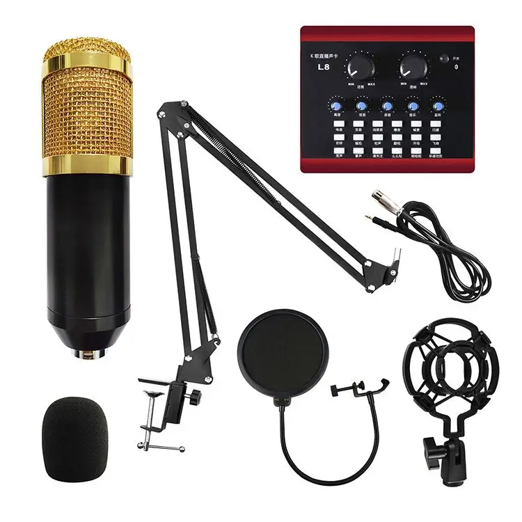 

Professional recording Mic for YouTube live broadcast Condenser Microphone Sound Card with arm Stand POP filter kit
