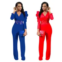 

12AF037 popular v-neck solid lace patchwork petal sleeve long straight jumpsuits Romper Women Jumpsuit