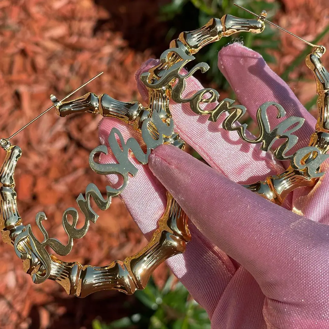 

Personalized Custom Stainless Steel Name Earring Bamboo Hoop Earrings
